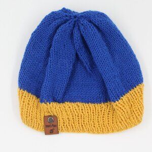 Handmade Hand Knit Wool Blend Multicolour Blue Sunflower Yellow Basic Beanie Hat